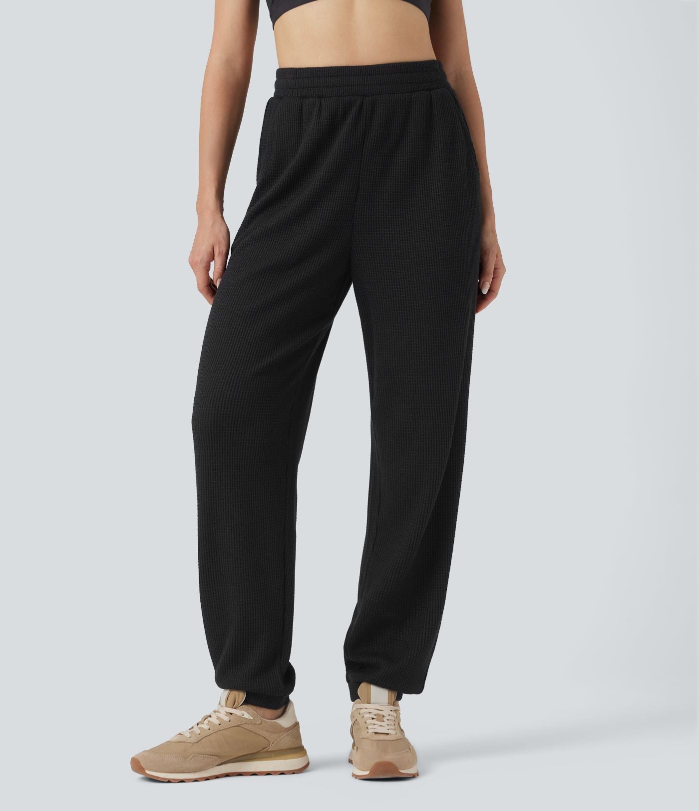 Jogging décontracté maille gaufrée taille haute avec cordon et poches