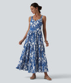 Robe longue resort décolleté cœur sans manches imprimé floral avec laçage