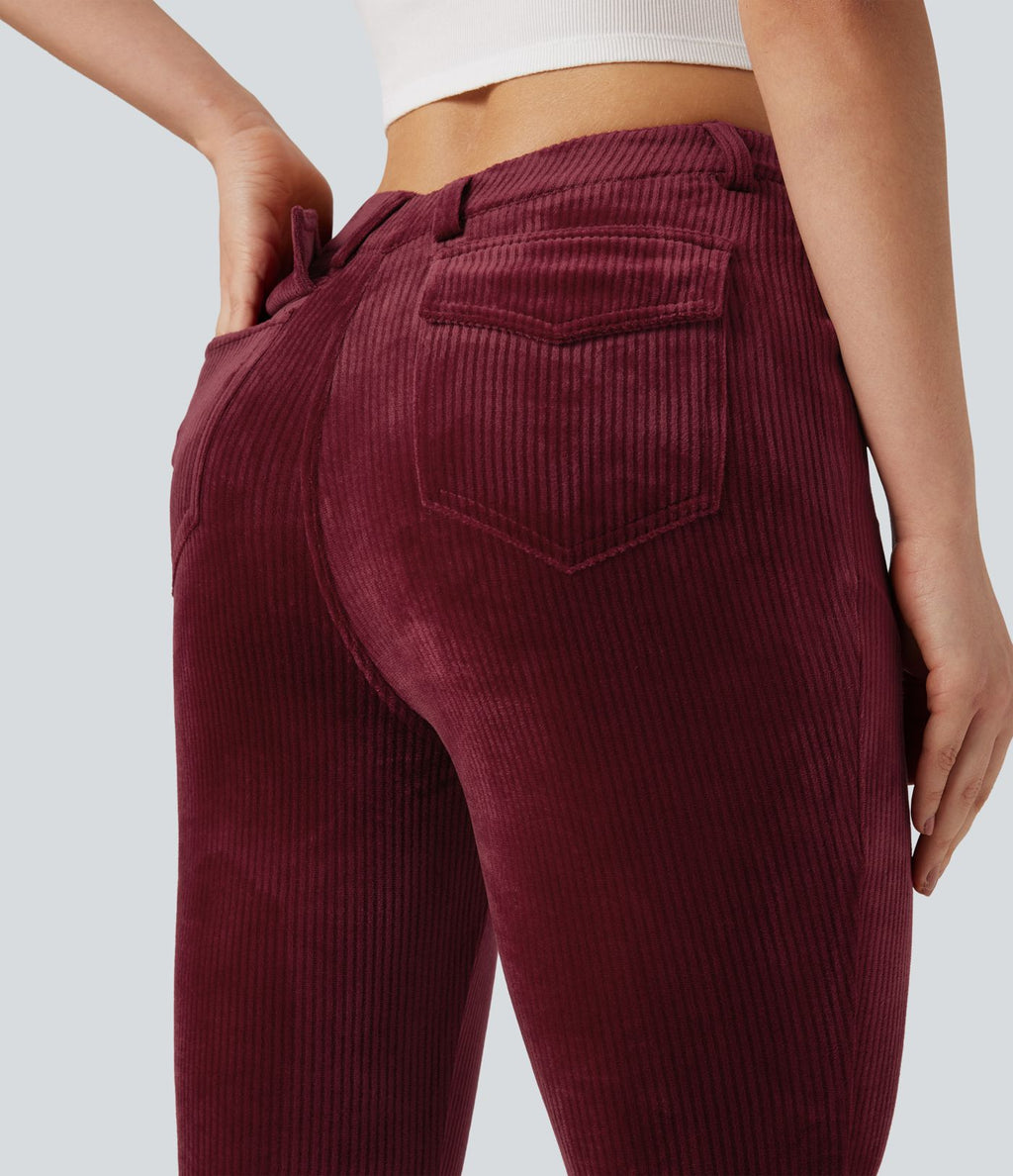 Pantalon évasé velours côtelé ceinture en V taille haute avec poches