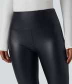 Legging corsaire casual ventre plat taille haute extensible en simili cuir avec poches