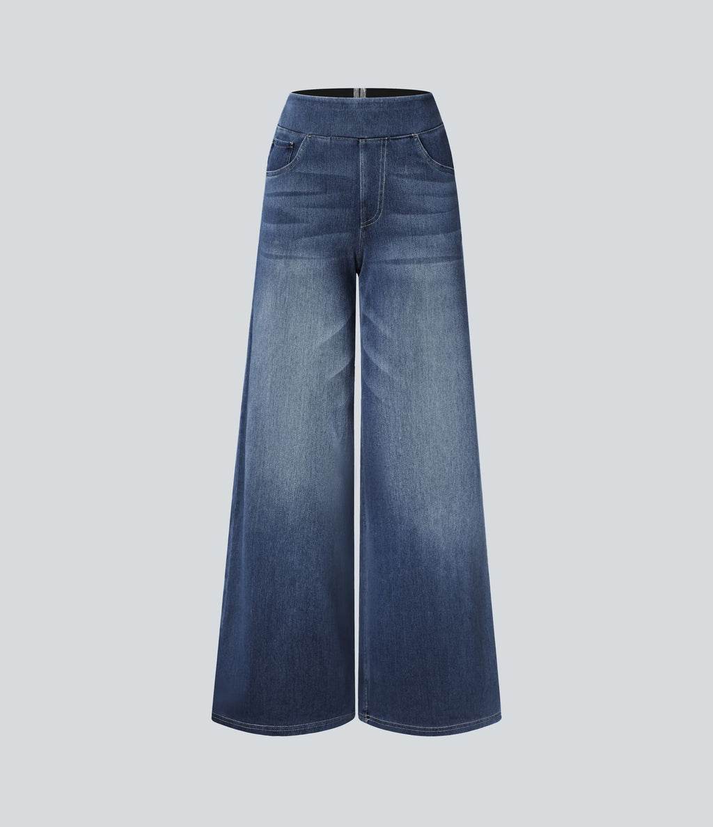 Halara Flex™ Jean Large Casual Taille Haute Poches Multiples Tricot Extensible Délavé