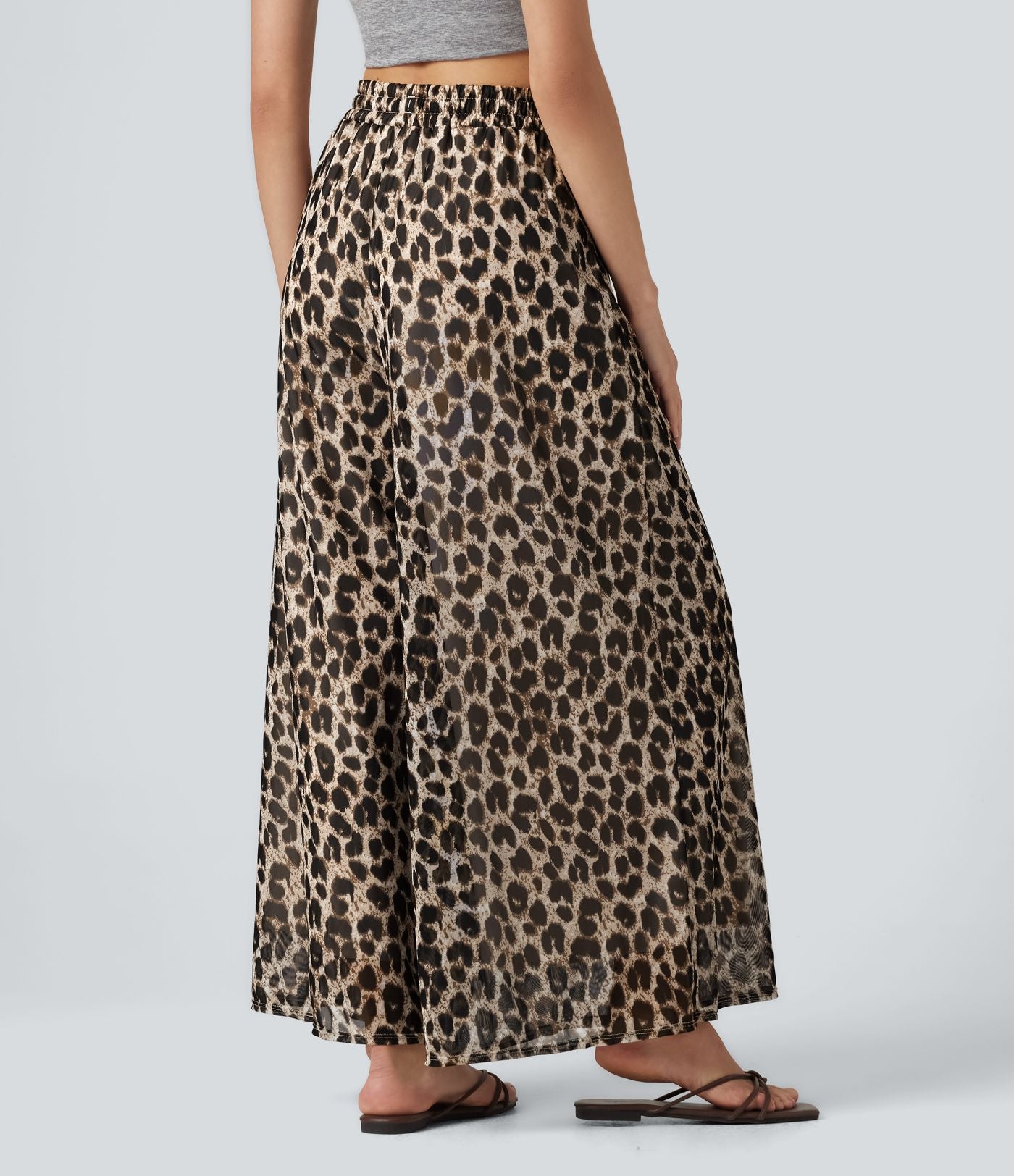 Pantalon léopard décontracté taille haute à cordon de serrage, coupe ample, en maille transparente avec poches