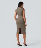 Robe de travail midi moulante sans manches col montant pied-de-poule à carreaux