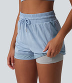 Short de sport 2 en 1 taille haute, cordon de serrage et œillets, en maille respirante