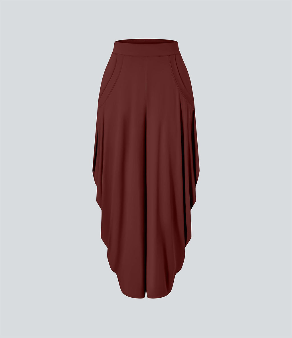Pantalon décontracté drapé à poches multiples et taille moyenne, jambe large