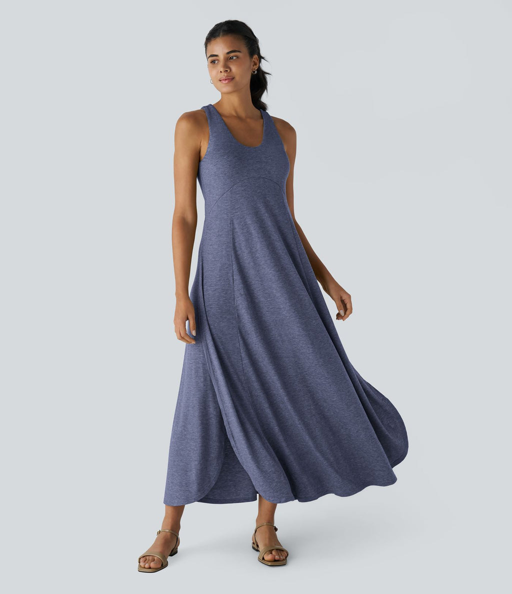 Robe Casual Débardeur Longue Fluide Fendue Dos Nu à Col en U