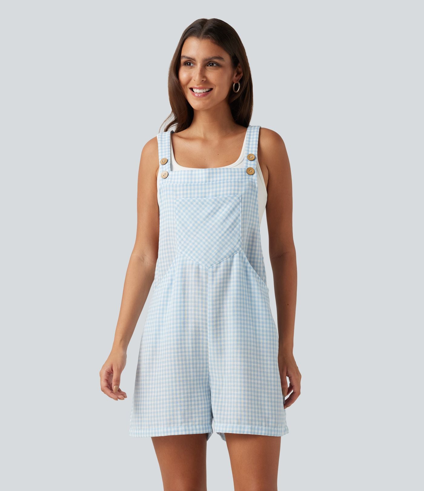 Salopette-short casual effet lin à carreaux avec poches