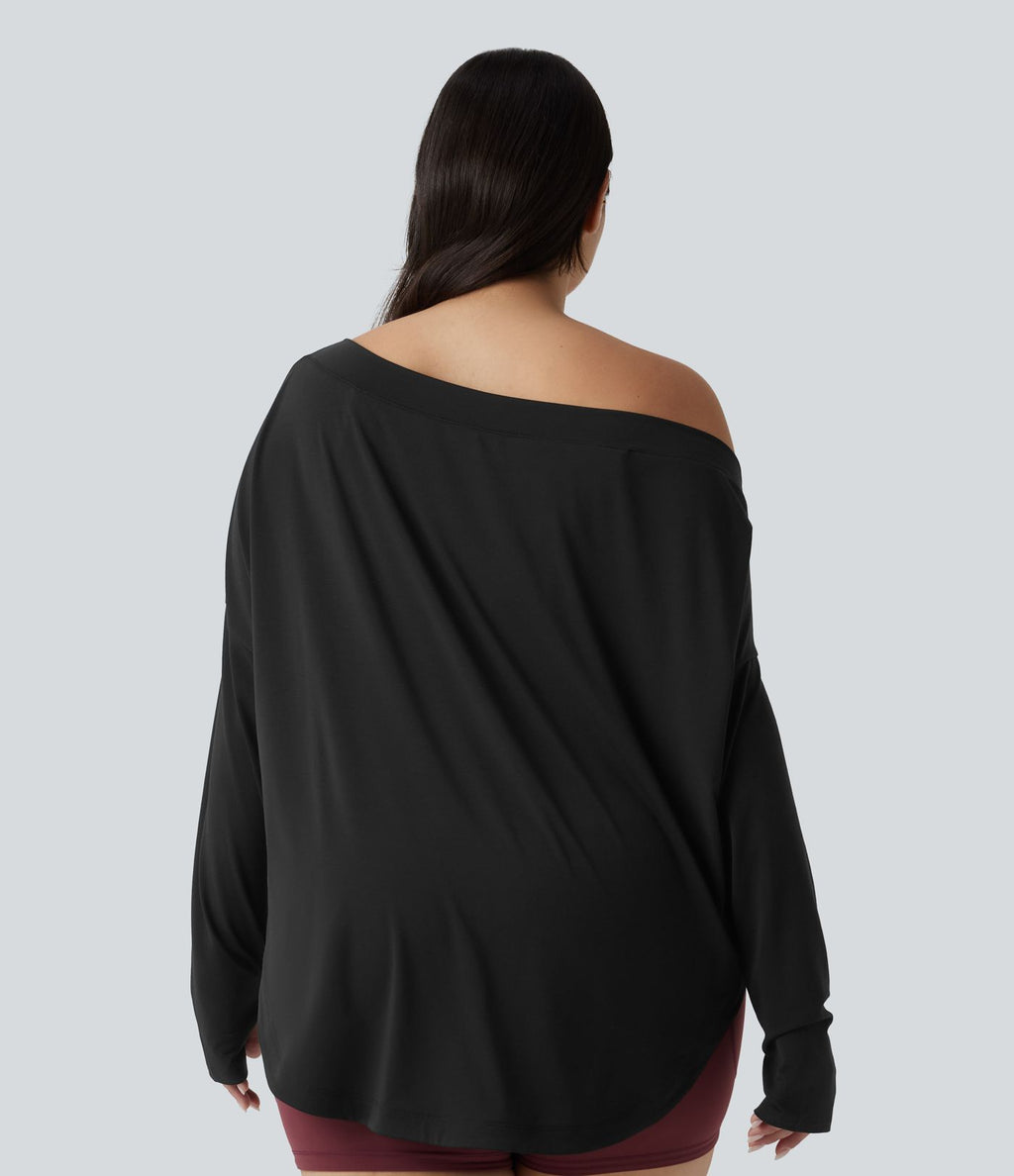 Haut de yoga grande taille asymétrique une épaule dénudée manches longues avec passages pouces, ourlet arrondi high-low et séchage rapide - Brassière intégrée