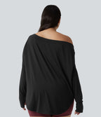 Haut de yoga grande taille asymétrique une épaule dénudée manches longues avec passages pouces, ourlet arrondi high-low et séchage rapide - Brassière intégrée