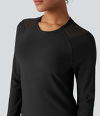 Top de sport yoga col rond manches raglan longues mesh contrastant
