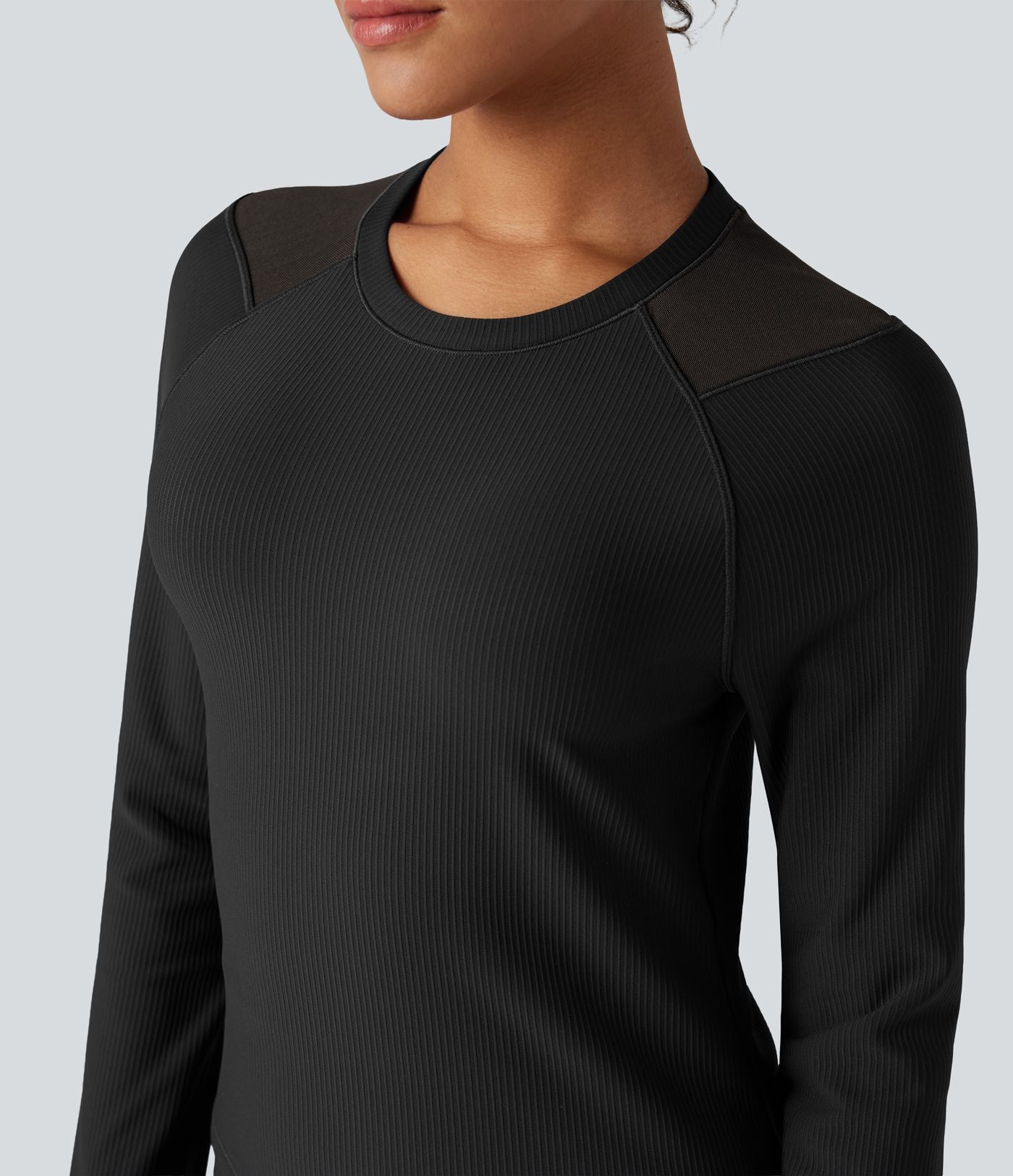 Top de sport yoga col rond manches raglan longues mesh contrastant