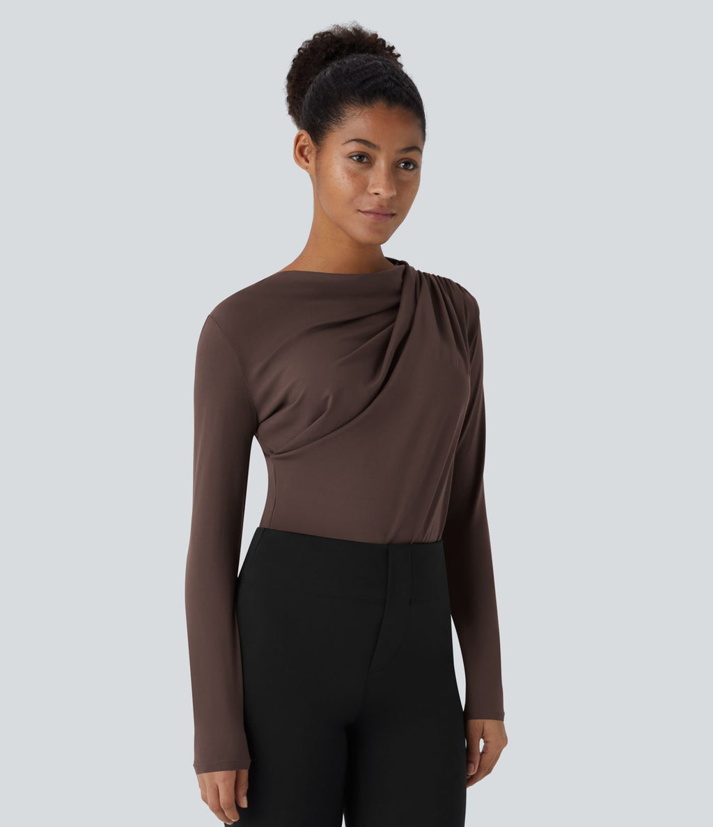 Cowl Neck Ruched Long Sleeve Slim Work Top