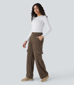 Pantalon cargo décontracté droit en velours côtelé, taille mi-haute, avec poches