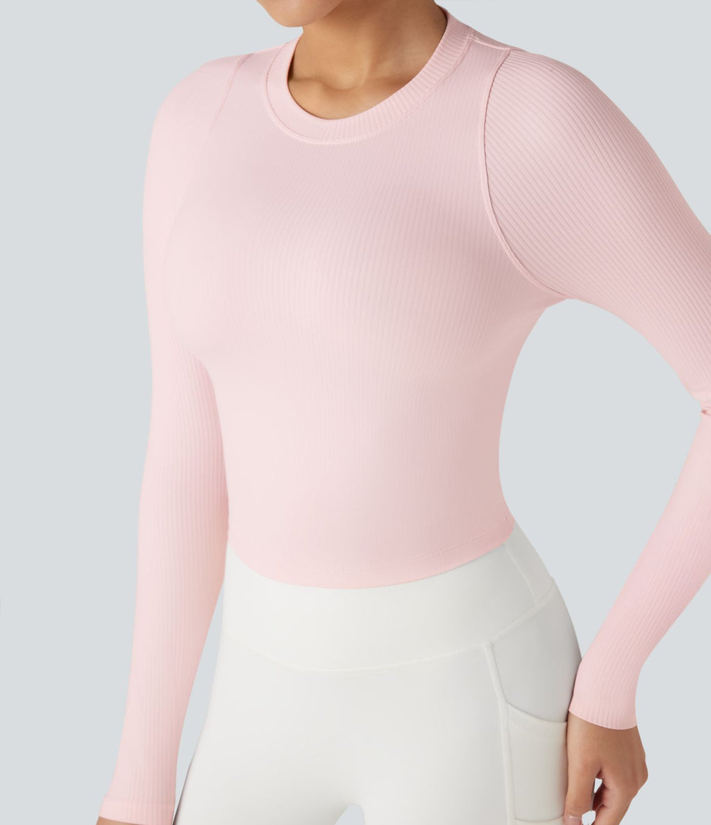 Top de sport yoga ajusté côtelé maille col rond manches longues