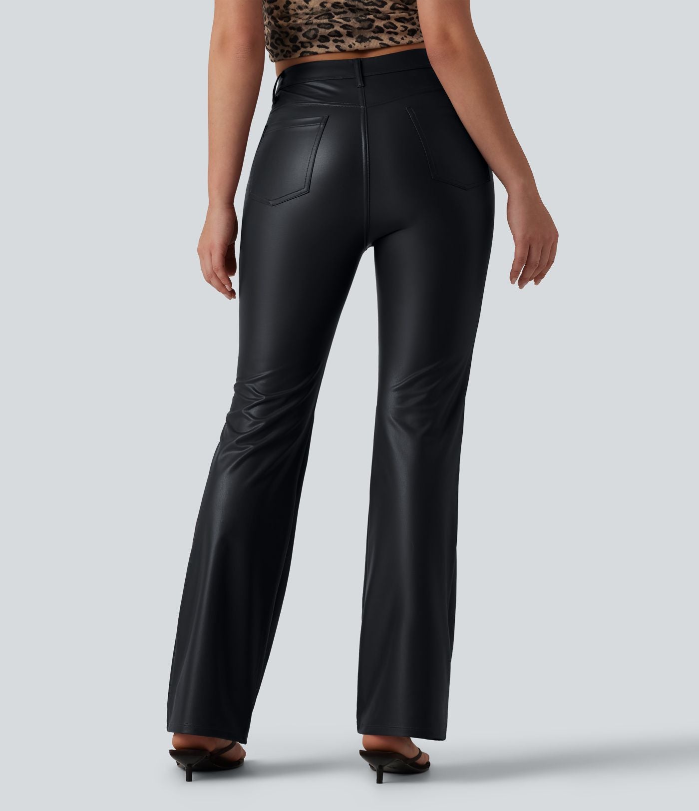 Pantalon casual bootcut taille haute en PU extensible avec poches