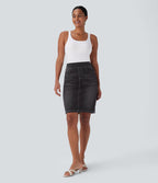 Halara Flex™ Jupe en Jean décontractée stretch délavé à taille haute, multiples poches et fente latérale