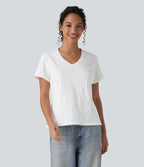 T-shirt casual ample col V manches courtes en coton slub