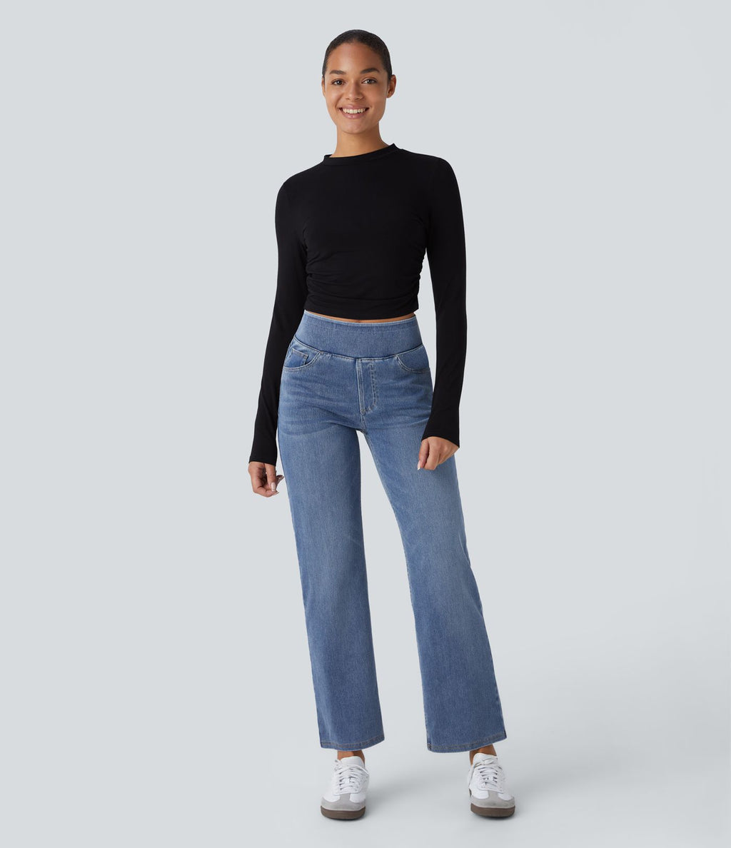 Jean décontracté Halara Flex™ taille haute, extensible, délavé, jambes droites avec poches multiples