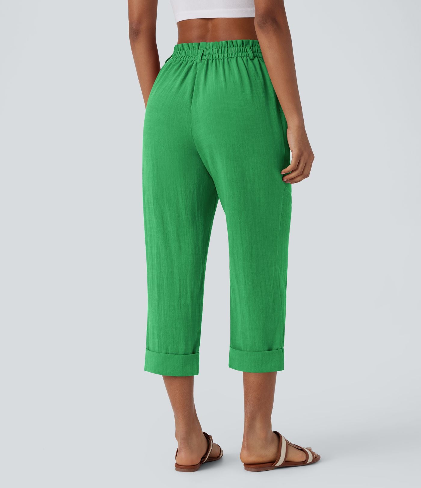 Pantalon capri effet lin taille haute avec poches zippées