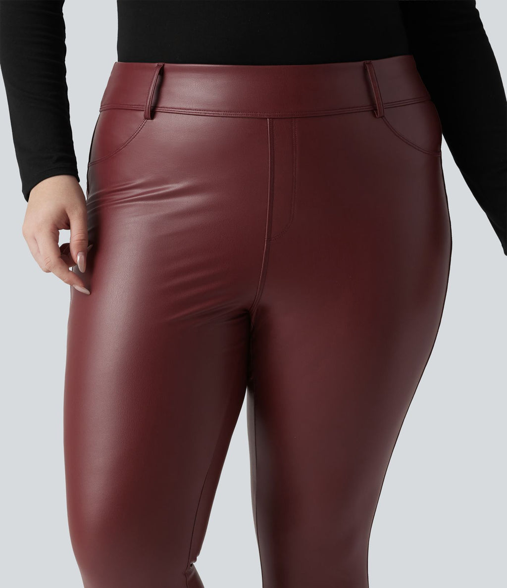 Legging grande taille en simili stretch doublé polaire, taille haute avec poches