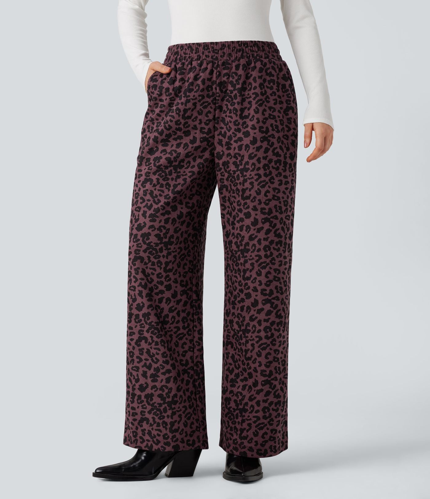 Pantalon léopard ample décontracté velours côtelé imprimé taille haute avec poches