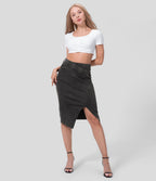 Halara Flex™ Jupe Midi Casual Taille Haute avec Ourlet Fendu en Denim Tricoté Élastique