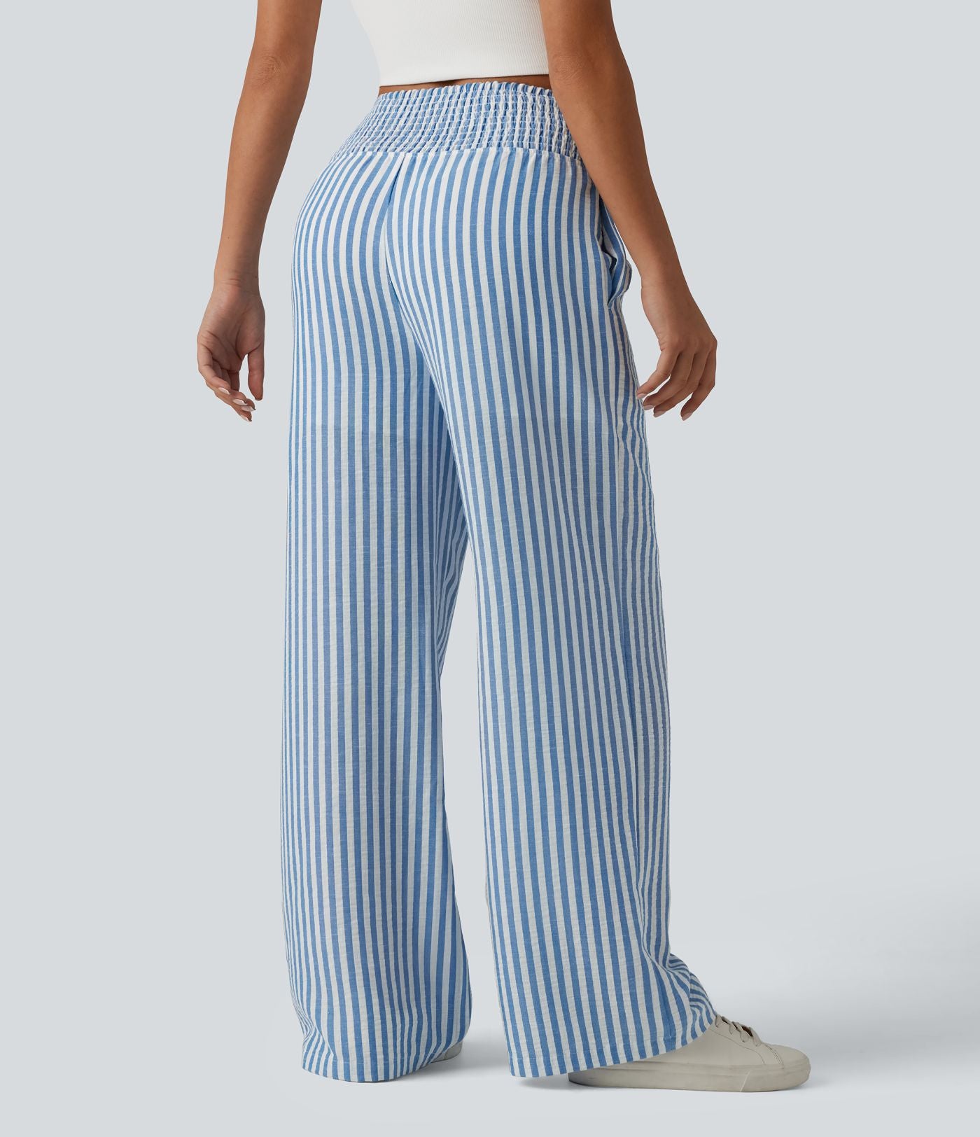 Pantalon coupe droite décontracté 2 en 1 taille haute froncé à rayures aspect lin avec poches