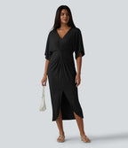 Robe midi col V manches chauve-souris ourlet tulipe torsadé