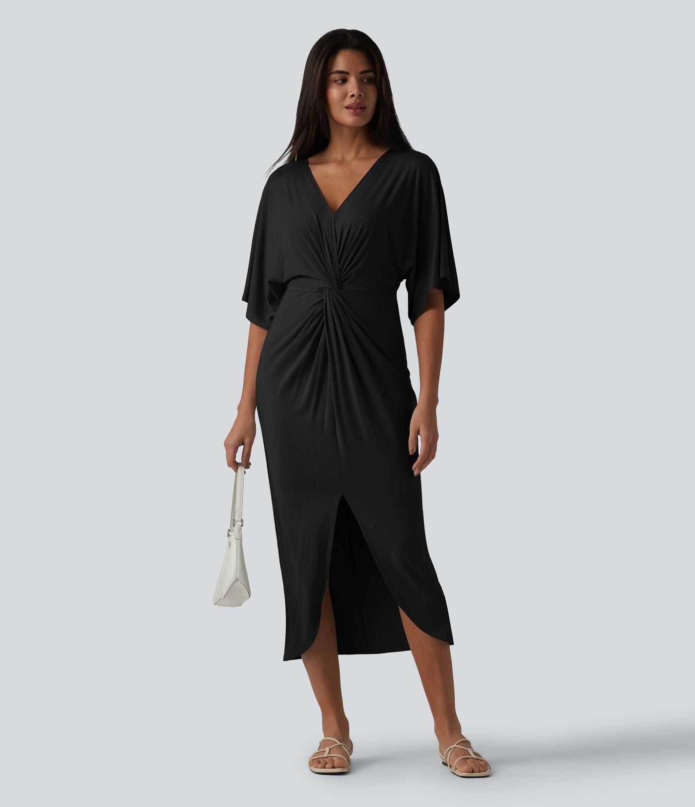 Robe midi col V manches chauve-souris ourlet tulipe torsadé