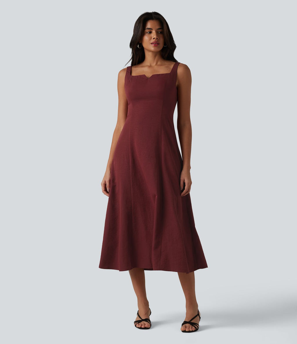 Robe mi-longue fluide froncée à col carré et encolure échancrée pour demoiselle d'honneur et invitée de mariage