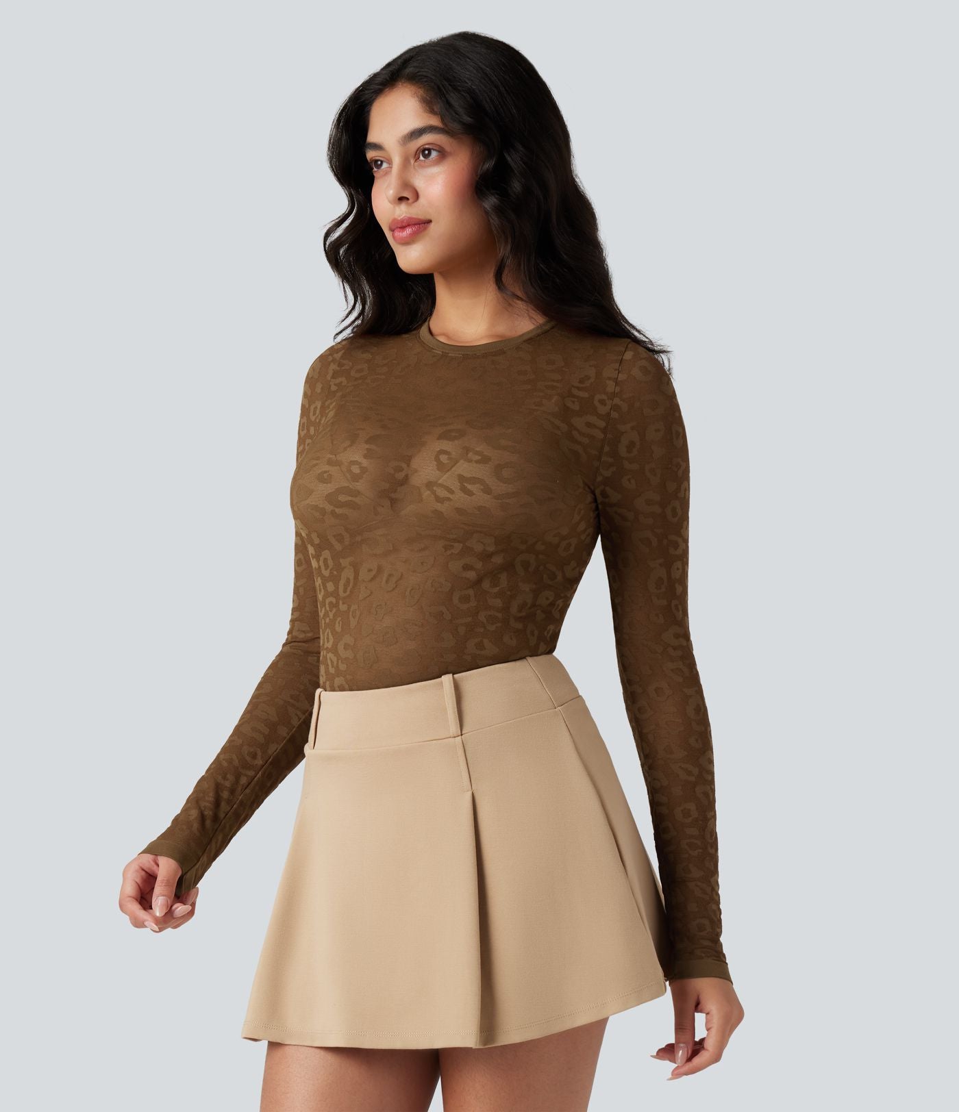 Haut de sport col rond imprimé léopard transparent à manches longues sans couture OneForm Seamless Flow
