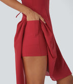 Robe active de danse midi fluide à dos nu avec lacets, 2-en-1, poche, ourlet asymétrique et maille contrastée
