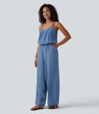 Combinaison en jean casual en lyocell à jambes larges avec poches, style enfilable