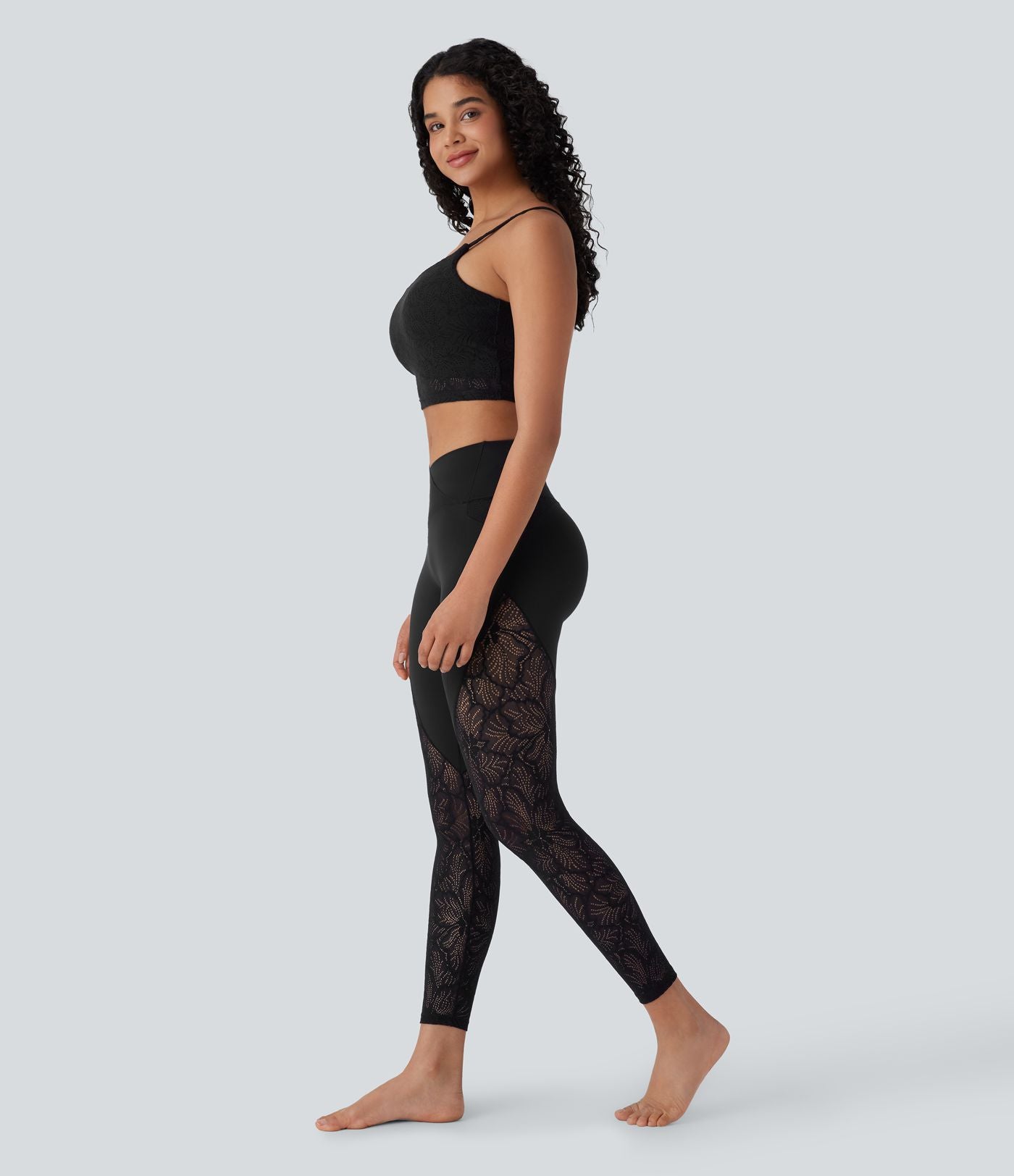 Legging de yoga 7/8 taille haute avec poches latérales, dos croisé et dentelle contrastante Softlyzero™-UPF50+
