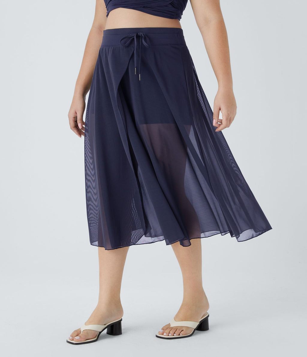 Jupe Taille Haute 2 En 1 En Maille Contrastée Avec Cordon De Serrage Et Poche Latérale Fluide Evasée Casual Grande Taille