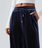 Pantalon décontracté droit en velours, taille mi-haute, avec cordon et poches