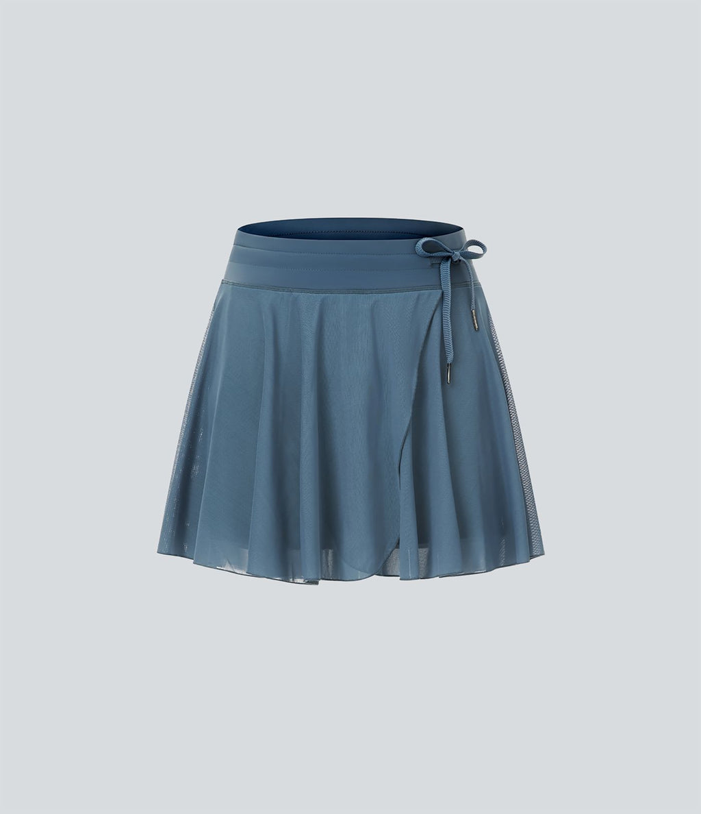 Jupe Casual Évasée Fluide 2 en 1 en Maille Contrastée Taille Haute Cordon de Serrage Poche Latérale
