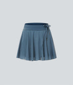 Jupe Casual Évasée Fluide 2 en 1 en Maille Contrastée Taille Haute Cordon de Serrage Poche Latérale