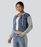 Veste en jean patchwork à capuche avec cordon de serrage et manches longues Halara Flex™