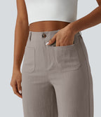 Pantalon taille haute coupe droite effet lin avec poches