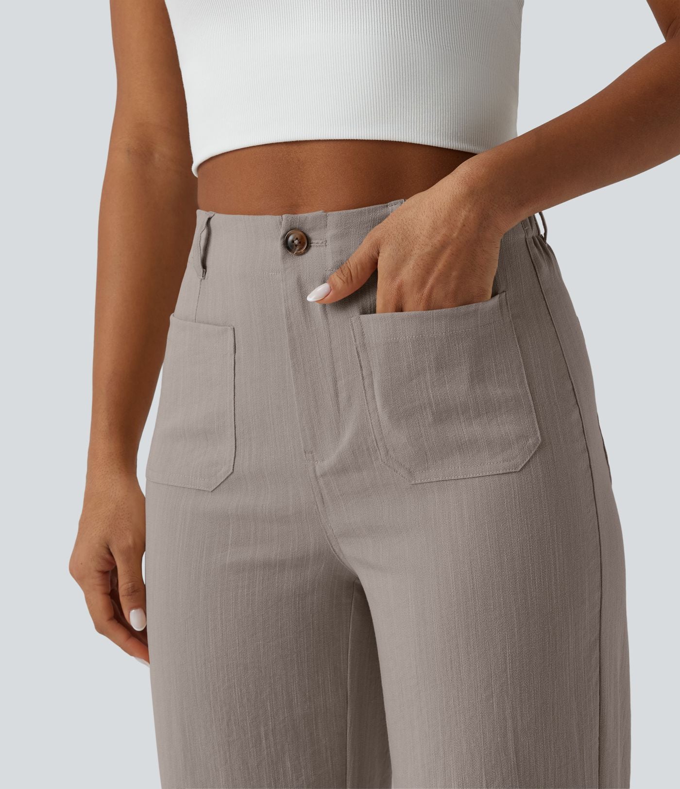 Pantalon taille haute coupe droite effet lin avec poches
