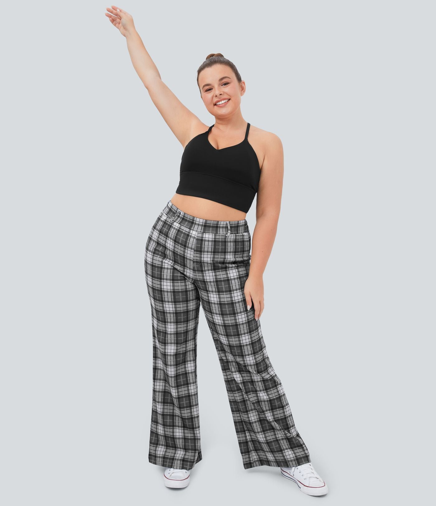 Pantalon Large Casual Taille Haute Carreaux Grande Taille