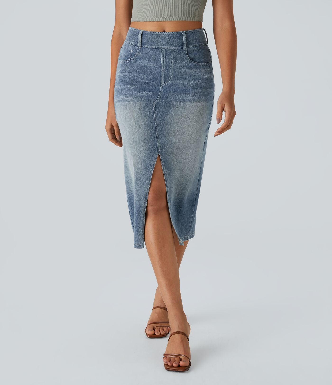 Halara Flex™ Jupe en Jean Casual Mi-Longue Délavé Extensible Plusieurs Poches Taille Haute