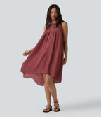 Robe fluide décontractée col rond sans manches plissée asymétrique