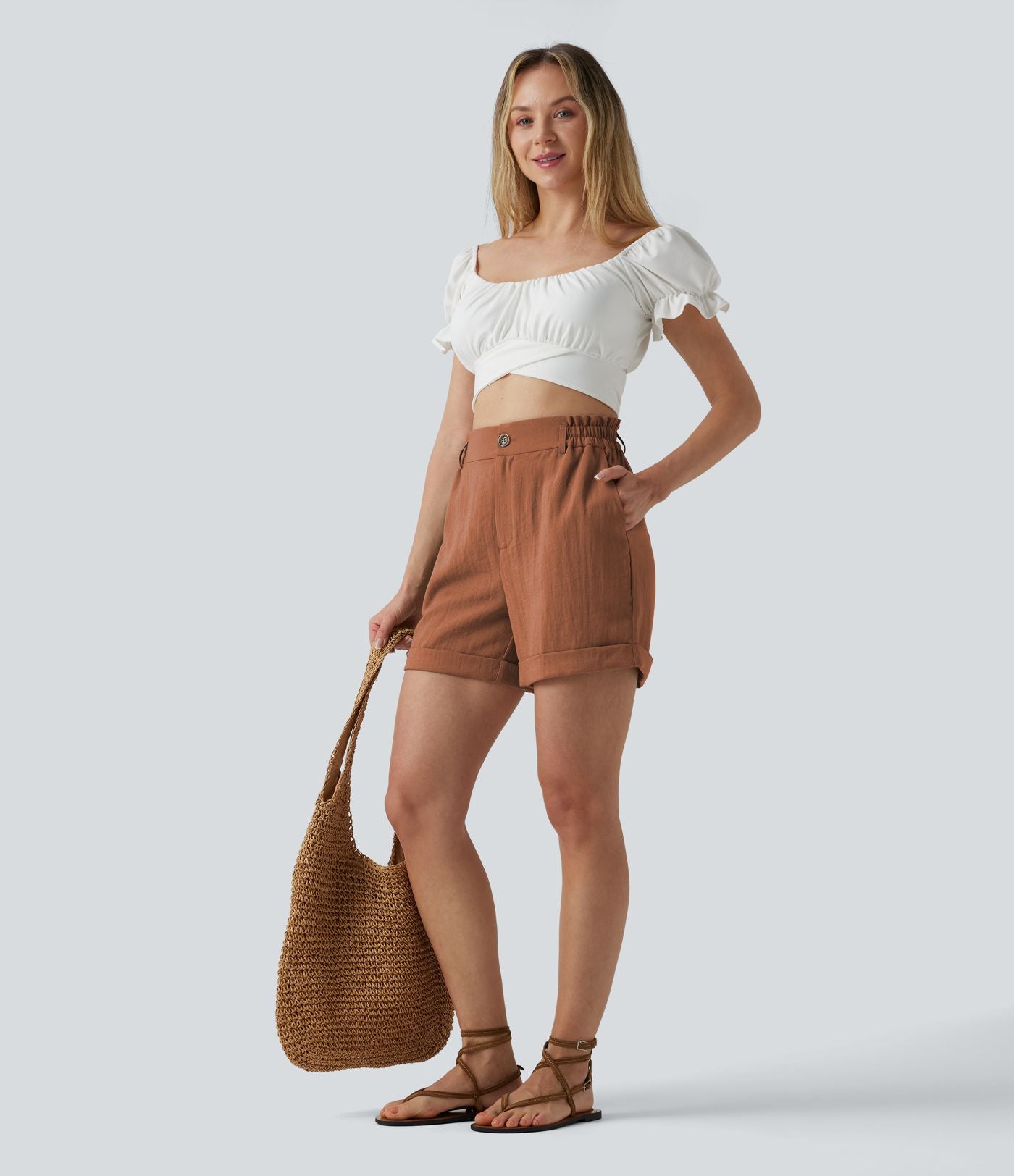 Short resort 12,5 cm taille haute effet lin avec ourlet roulotté et poches