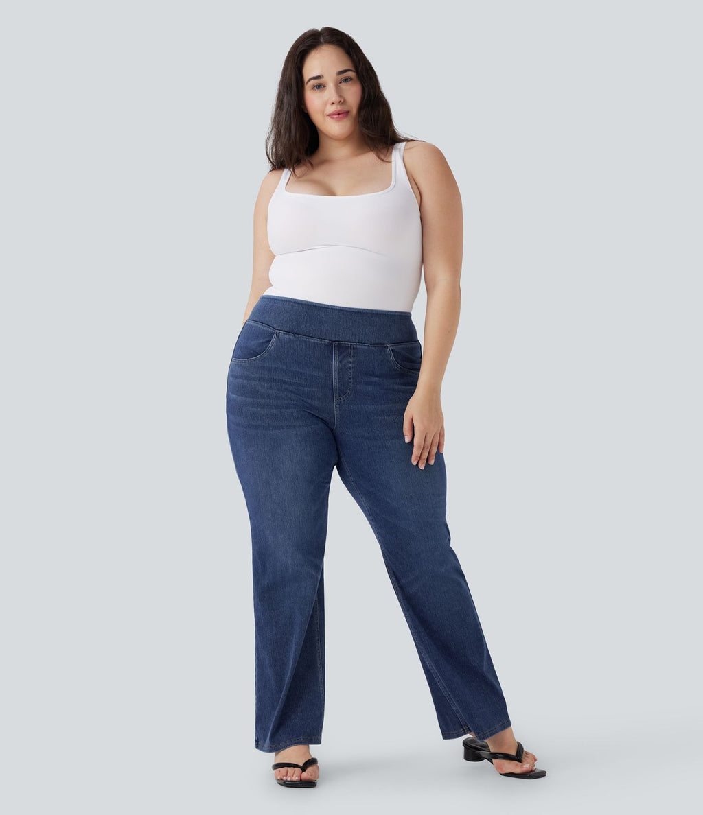 Jean décontracté Halara Flex™ grande taille bootcut taille haute en maille extensible délavée avec multiples poches