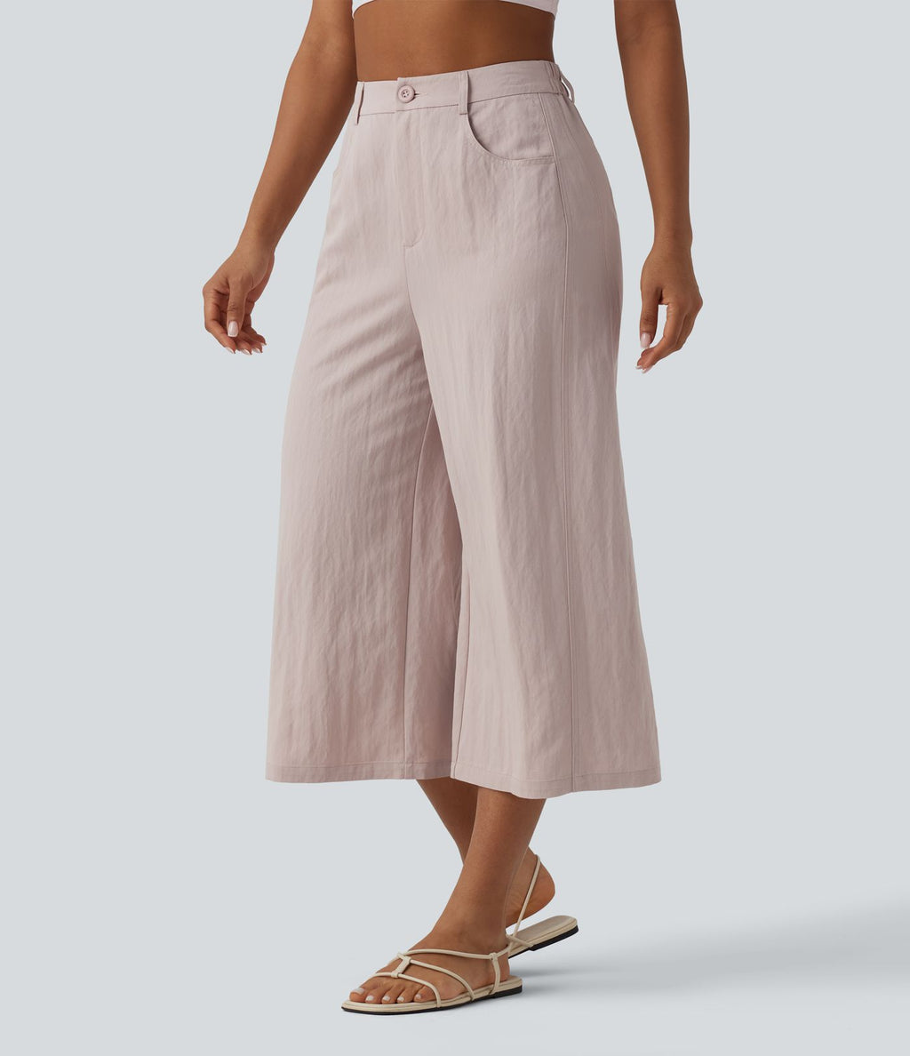 Pantalon large décontracté court taille haute avec poches