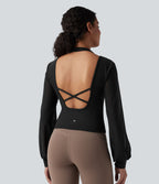 Haut de sport de yoga SoftlyZero™ aérien dos nu dos-nu manches longues bishop mesh contrastant - UPF50+