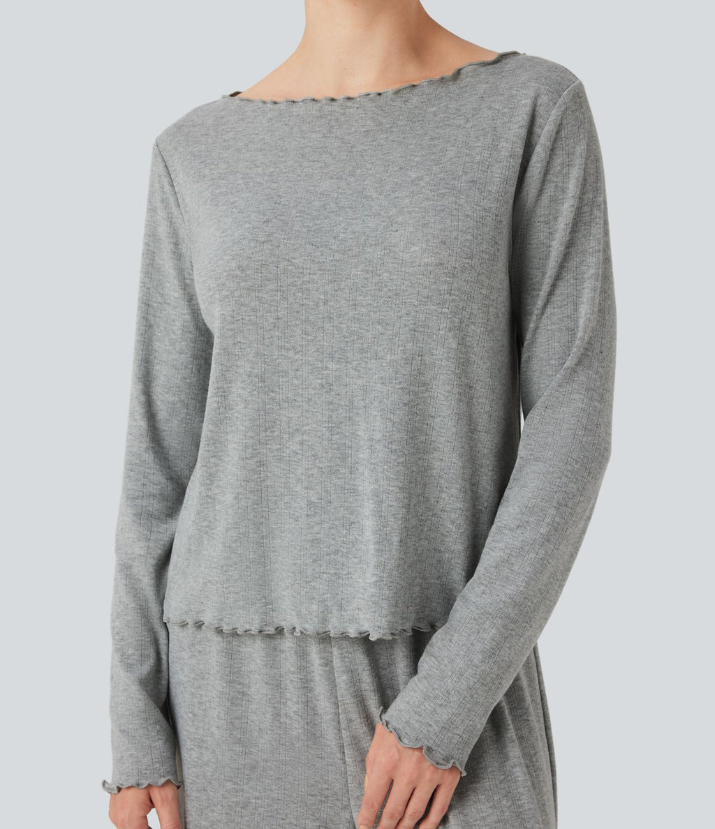 Haut détente col bateau manches longues finitions plissées pointelle