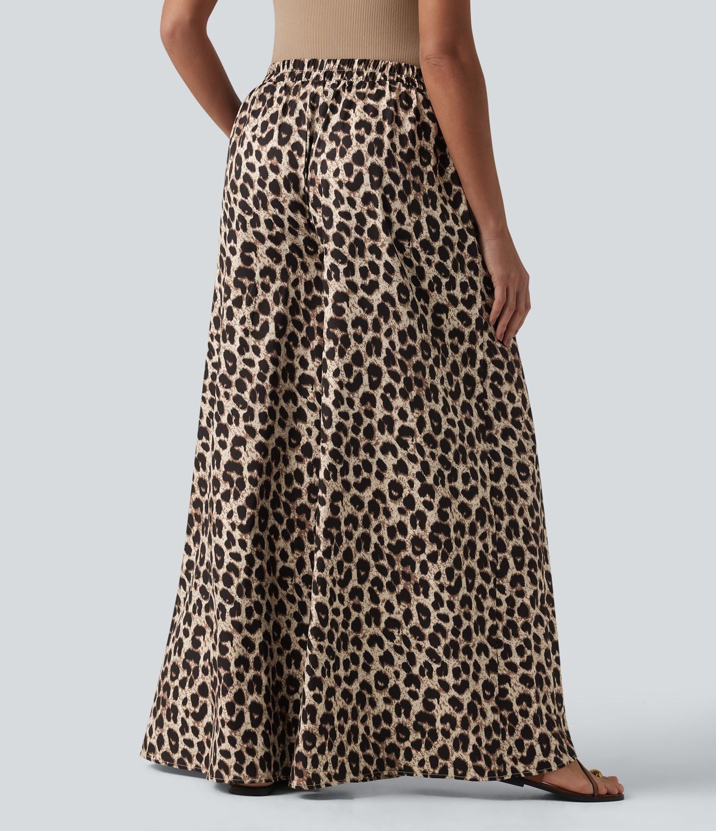 Pantalon large casual taille haute imprimé léopard, avec poches